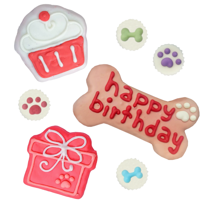 dog birthday cookies in pink