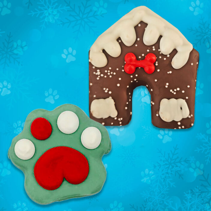 dog house and paw print dog cookies